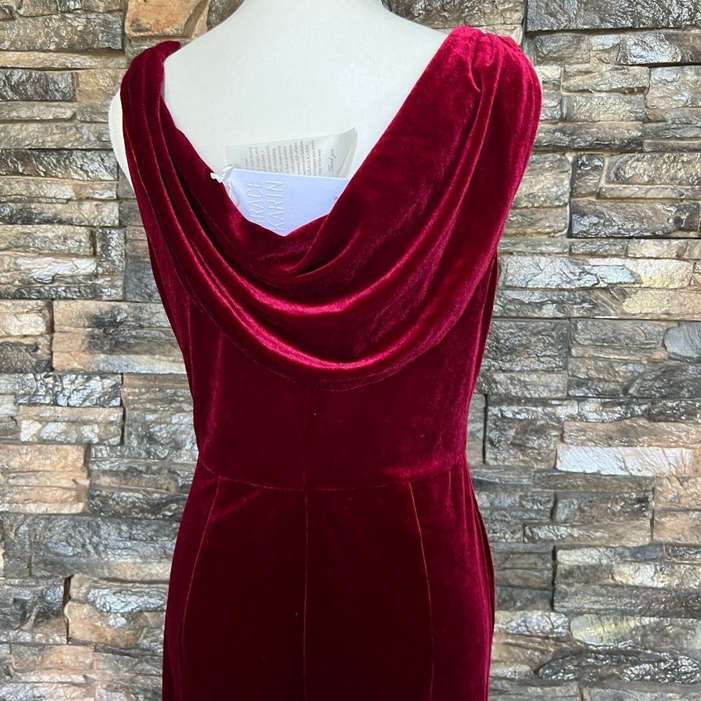 Grace Karin Velvet Burgundy Midi Dress. Courdary stretchy material. - Picture 3 of 12